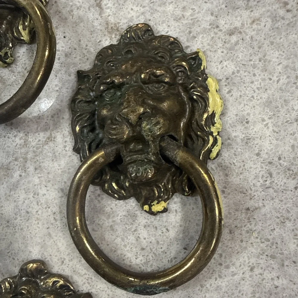 6 Vintage Brass Lion Head Dresser Chest Drawer Knob Cabinet Pull Patina 3D READ